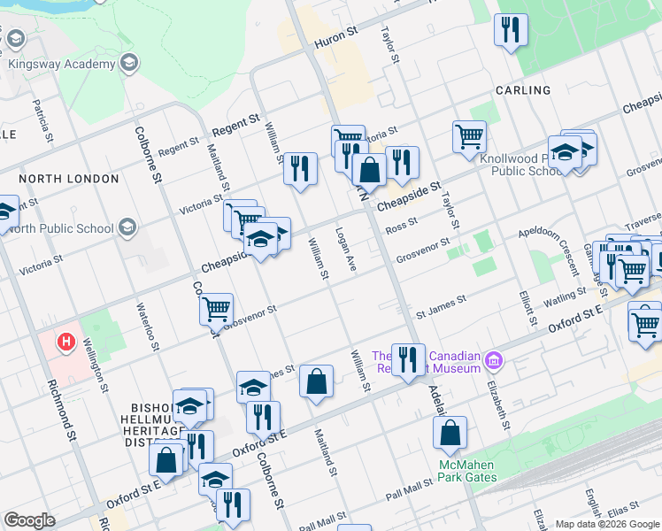 map of restaurants, bars, coffee shops, grocery stores, and more near 558 Grosvenor Street in London