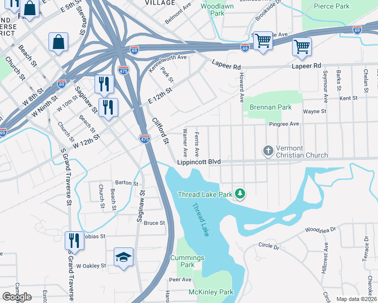 map of restaurants, bars, coffee shops, grocery stores, and more near 2058 Ferris Avenue in Flint