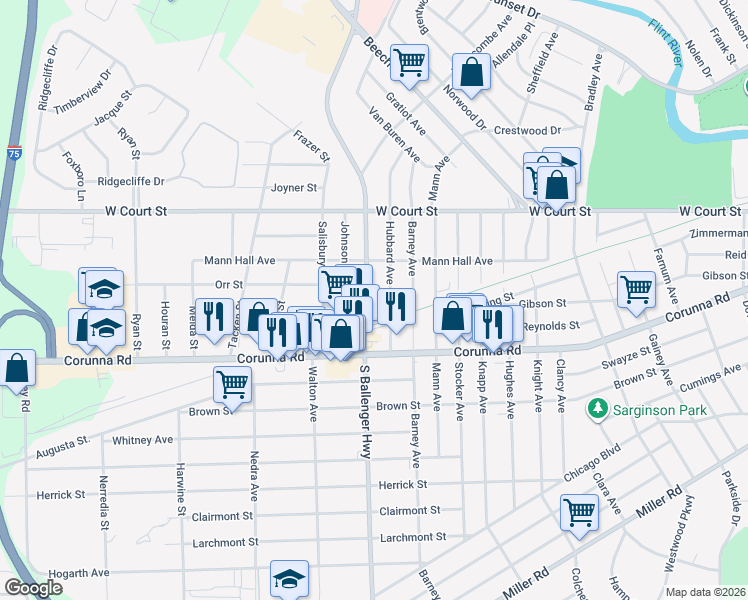 map of restaurants, bars, coffee shops, grocery stores, and more near 1055 South Ballenger Highway in Flint