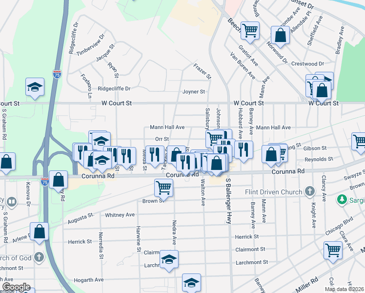 map of restaurants, bars, coffee shops, grocery stores, and more near 3906 Reynolds Street in Flint