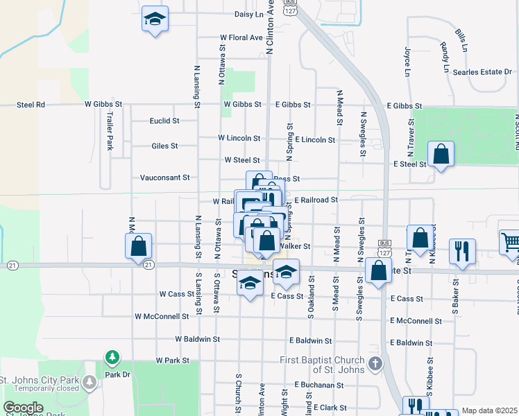 map of restaurants, bars, coffee shops, grocery stores, and more near 306 Brush Street in Saint Johns