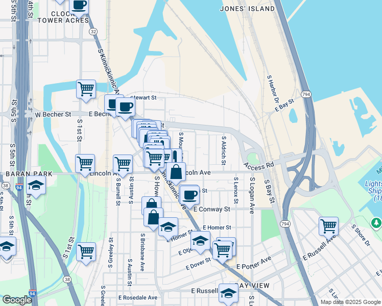 map of restaurants, bars, coffee shops, grocery stores, and more near 2250 South Winchester Street in Milwaukee