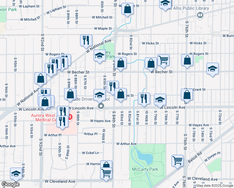 map of restaurants, bars, coffee shops, grocery stores, and more near 2218 South 84th Street in West Allis