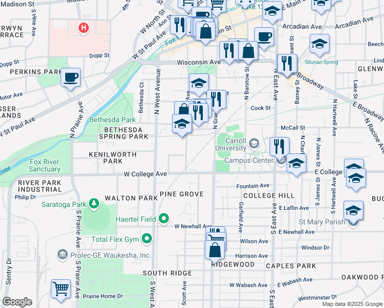 map of restaurants, bars, coffee shops, grocery stores, and more near 122 North Grand Avenue in Waukesha