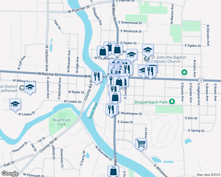map of restaurants, bars, coffee shops, grocery stores, and more near 235 South Main Street in Jefferson