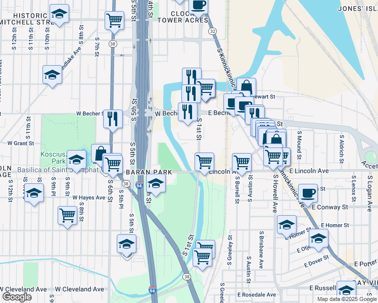 map of restaurants, bars, coffee shops, grocery stores, and more near 2217 South 1st Street in Milwaukee
