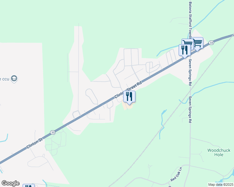 map of restaurants, bars, coffee shops, grocery stores, and more near 5106 Clinton Street Road in Batavia