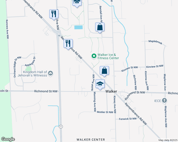 map of restaurants, bars, coffee shops, grocery stores, and more near 2105 Nolan Avenue Northwest in Grand Rapids