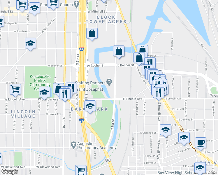 map of restaurants, bars, coffee shops, grocery stores, and more near 2217 South 1st Street in Milwaukee