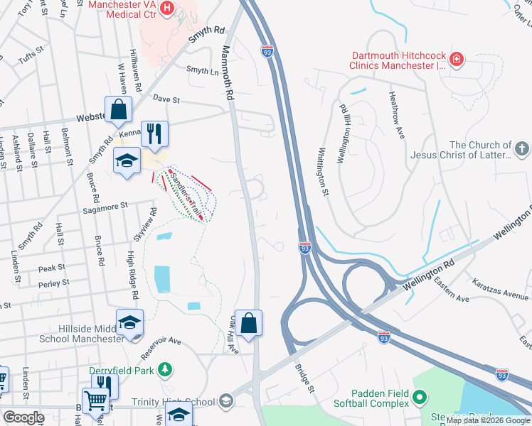 map of restaurants, bars, coffee shops, grocery stores, and more near 891 Mammoth Road in Manchester