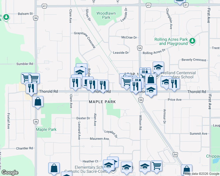 map of restaurants, bars, coffee shops, grocery stores, and more near 389 Thorold Road in Welland