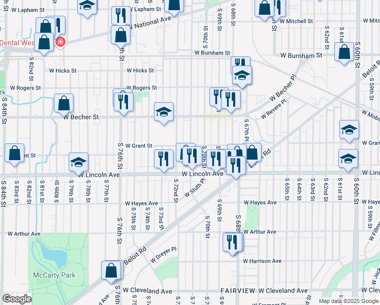 map of restaurants, bars, coffee shops, grocery stores, and more near 2247 South 71st Street in West Allis