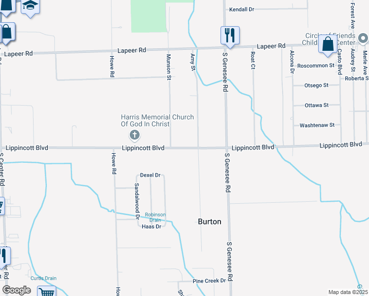 map of restaurants, bars, coffee shops, grocery stores, and more near 4424 Lippincott Boulevard in Burton