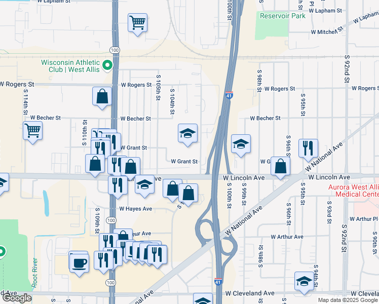 map of restaurants, bars, coffee shops, grocery stores, and more near 10230 West Grant Street in West Allis