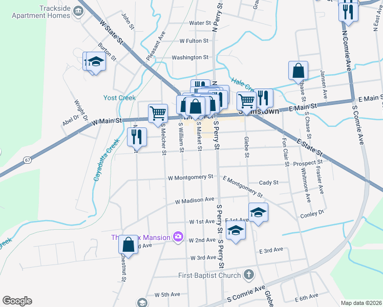 map of restaurants, bars, coffee shops, grocery stores, and more near 113 1/2 South Market Street in Johnstown