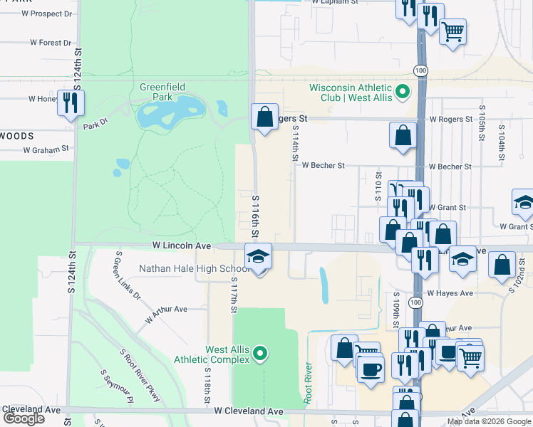 map of restaurants, bars, coffee shops, grocery stores, and more near 2242 South 116th Street in West Allis