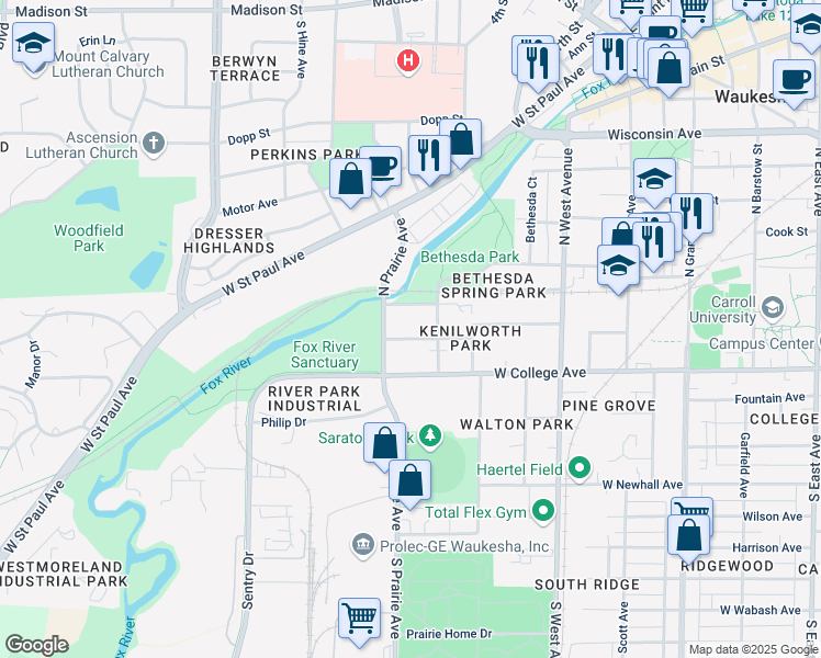 map of restaurants, bars, coffee shops, grocery stores, and more near 116 Dunbar Avenue in Waukesha