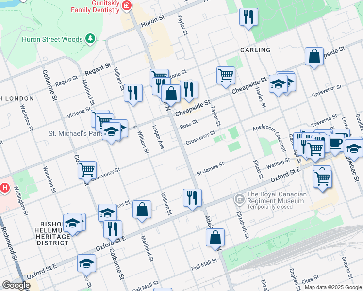 map of restaurants, bars, coffee shops, grocery stores, and more near Adelaide St N & Grosvenor St in London
