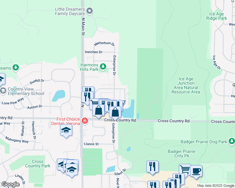 map of restaurants, bars, coffee shops, grocery stores, and more near 1155 Enterprise Drive in Verona
