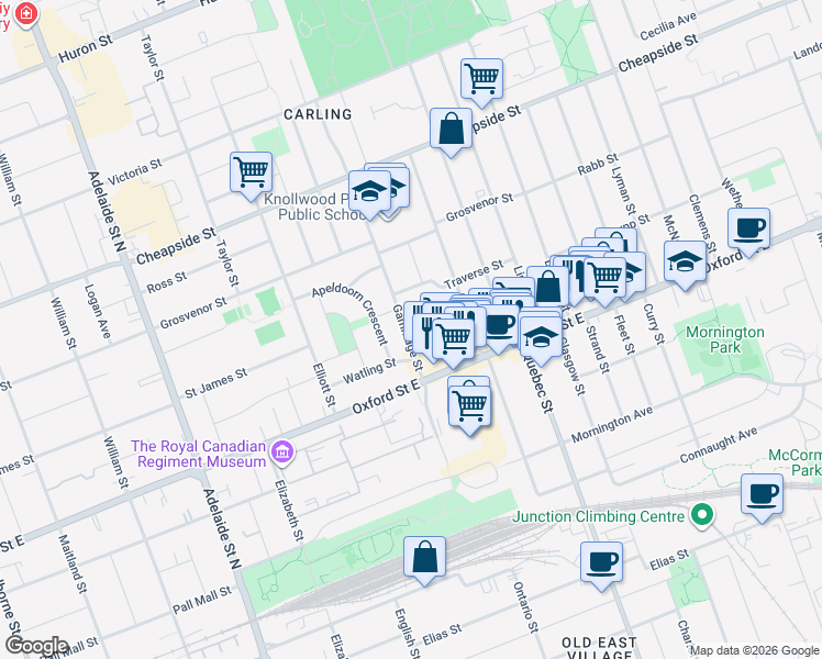 map of restaurants, bars, coffee shops, grocery stores, and more near 26 Gammage Street in London
