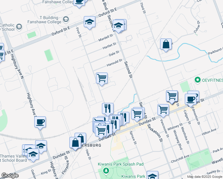 map of restaurants, bars, coffee shops, grocery stores, and more near 520 First Street in London