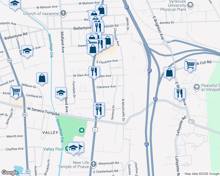 map of restaurants, bars, coffee shops, grocery stores, and more near 224 Clarence Avenue in Syracuse