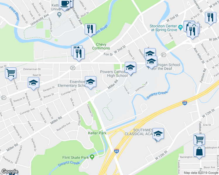 map of restaurants, bars, coffee shops, grocery stores, and more near 1667 Miller Road in Flint