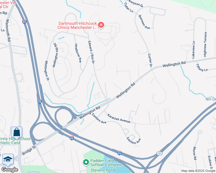 map of restaurants, bars, coffee shops, grocery stores, and more near 50 Edward J Roy Drive in Manchester