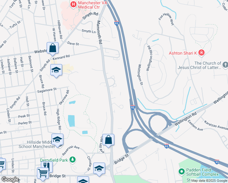 map of restaurants, bars, coffee shops, grocery stores, and more near 889 Mammoth Road in Manchester