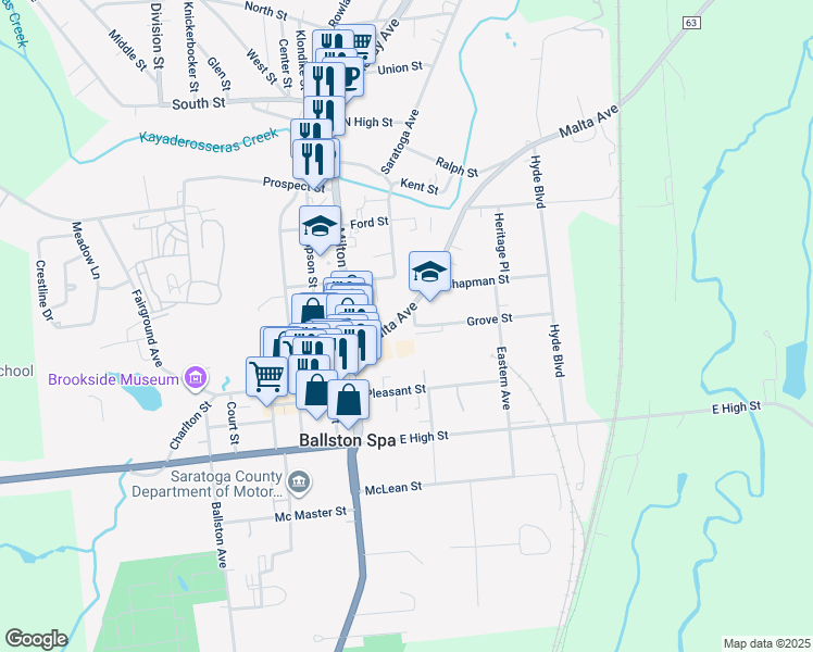 map of restaurants, bars, coffee shops, grocery stores, and more near 9 Scott Street in Ballston Spa