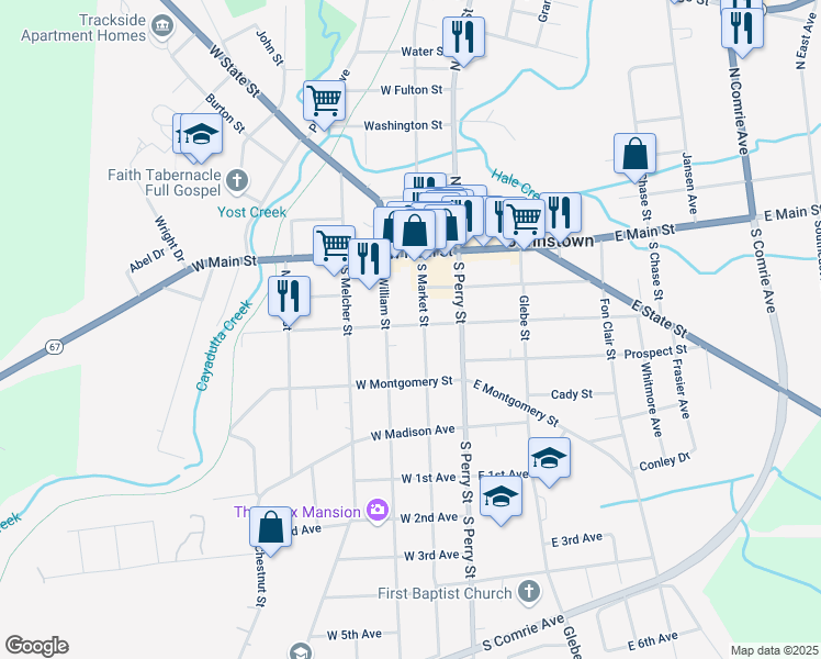 map of restaurants, bars, coffee shops, grocery stores, and more near 113 1/2 South Market Street in Johnstown