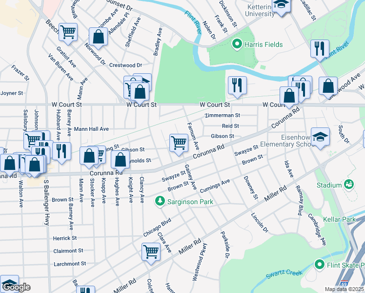 map of restaurants, bars, coffee shops, grocery stores, and more near in Flint