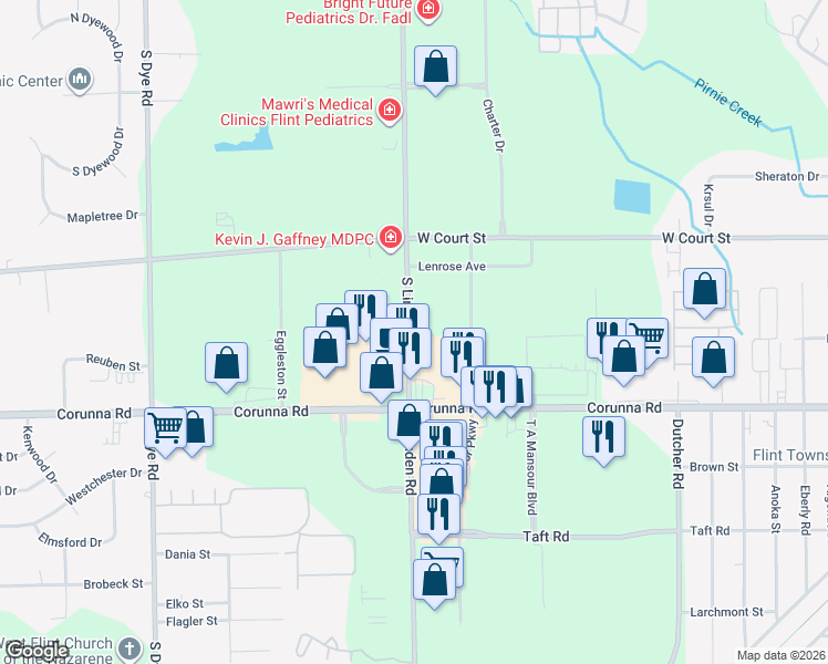 map of restaurants, bars, coffee shops, grocery stores, and more near 1471 Linden Ct in Flint