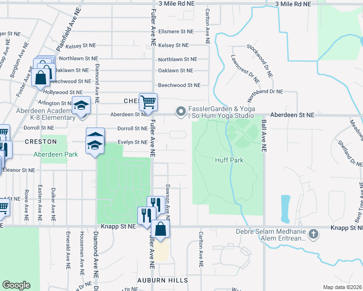 map of restaurants, bars, coffee shops, grocery stores, and more near 1242 Ecklund Street Northeast in Grand Rapids