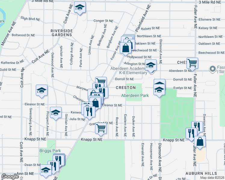 map of restaurants, bars, coffee shops, grocery stores, and more near 740 Halena Street Northeast in Grand Rapids
