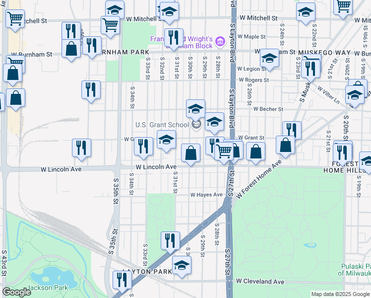 map of restaurants, bars, coffee shops, grocery stores, and more near 2258 South 31st Street in Milwaukee