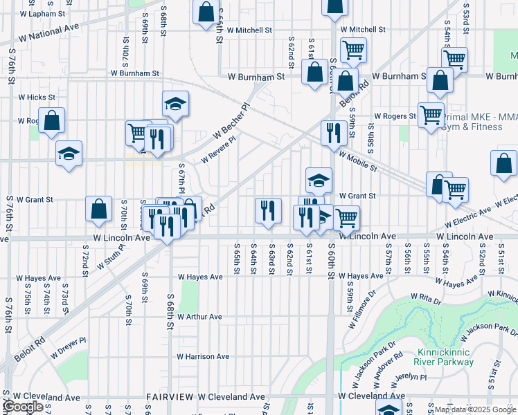 map of restaurants, bars, coffee shops, grocery stores, and more near 2255 South 63rd Street in West Allis