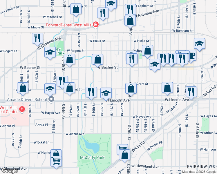 map of restaurants, bars, coffee shops, grocery stores, and more near 2224 South 79th Street in West Allis