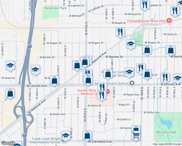 map of restaurants, bars, coffee shops, grocery stores, and more near 22 South 91st Street in West Allis