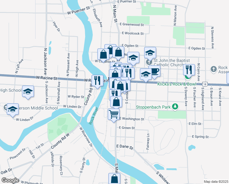 map of restaurants, bars, coffee shops, grocery stores, and more near 235 South Main Street in Jefferson