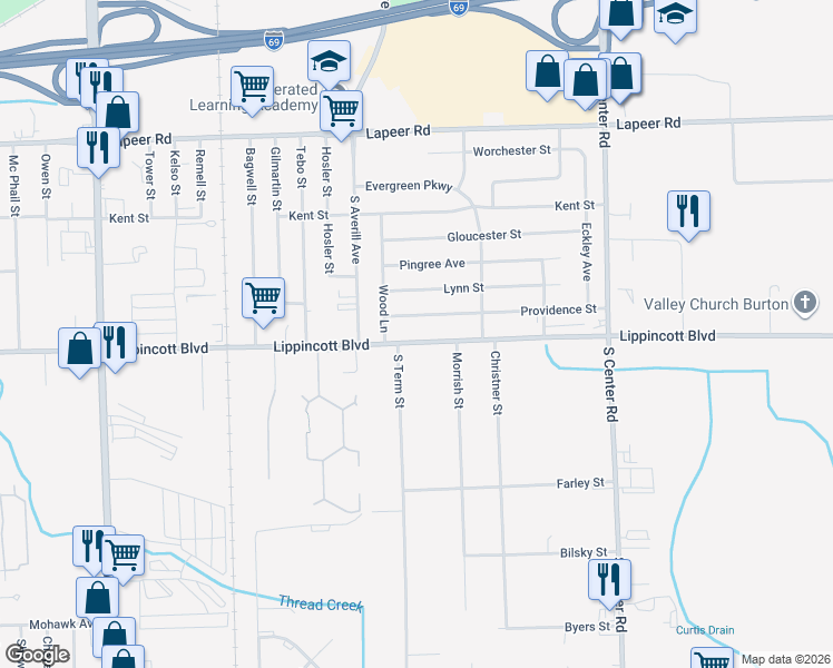 map of restaurants, bars, coffee shops, grocery stores, and more near 3529 Lippincott Boulevard in Flint