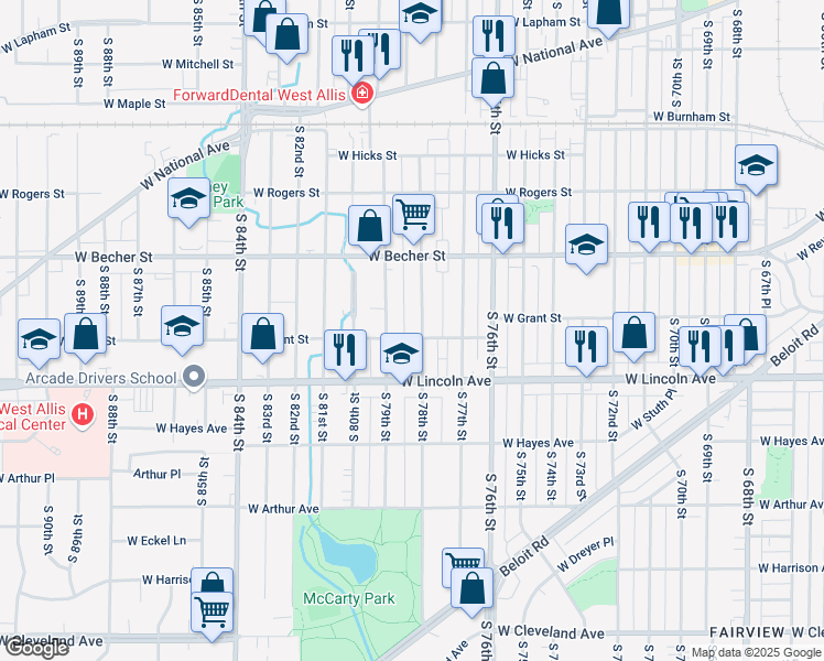 map of restaurants, bars, coffee shops, grocery stores, and more near 2224 South 79th Street in West Allis