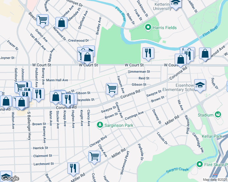 map of restaurants, bars, coffee shops, grocery stores, and more near in Flint