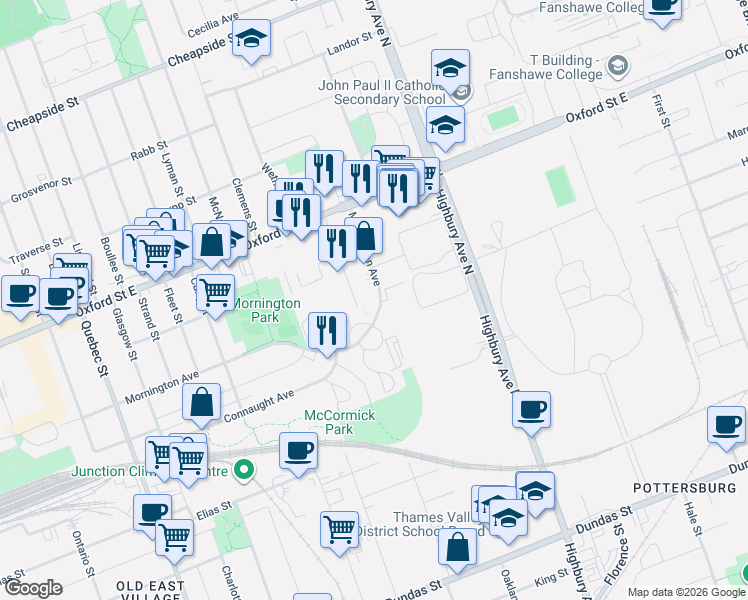 map of restaurants, bars, coffee shops, grocery stores, and more near 583 Mornington Avenue in London