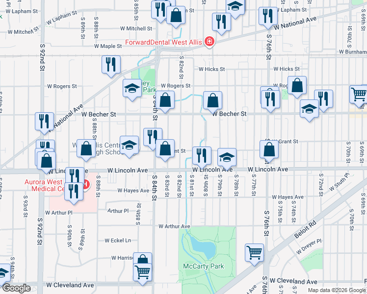 map of restaurants, bars, coffee shops, grocery stores, and more near 2219 South 82nd Street in West Allis