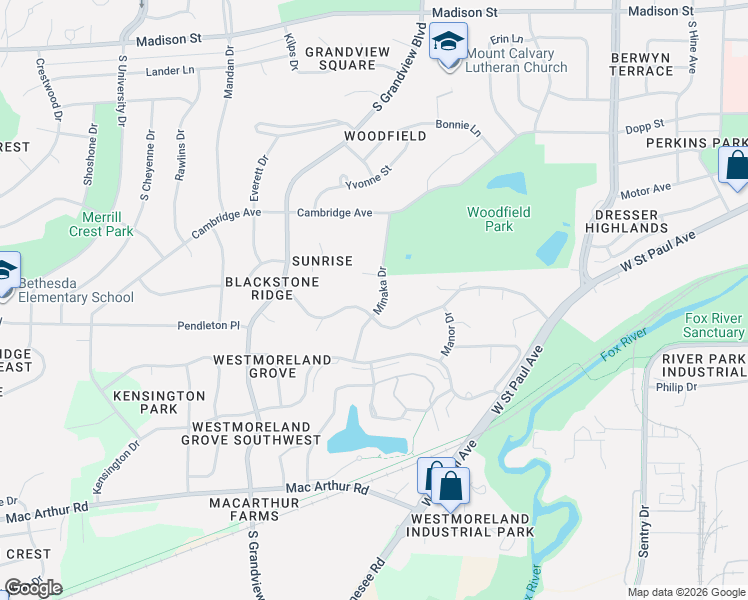 map of restaurants, bars, coffee shops, grocery stores, and more near 2012 Harris Highland Drive in Waukesha