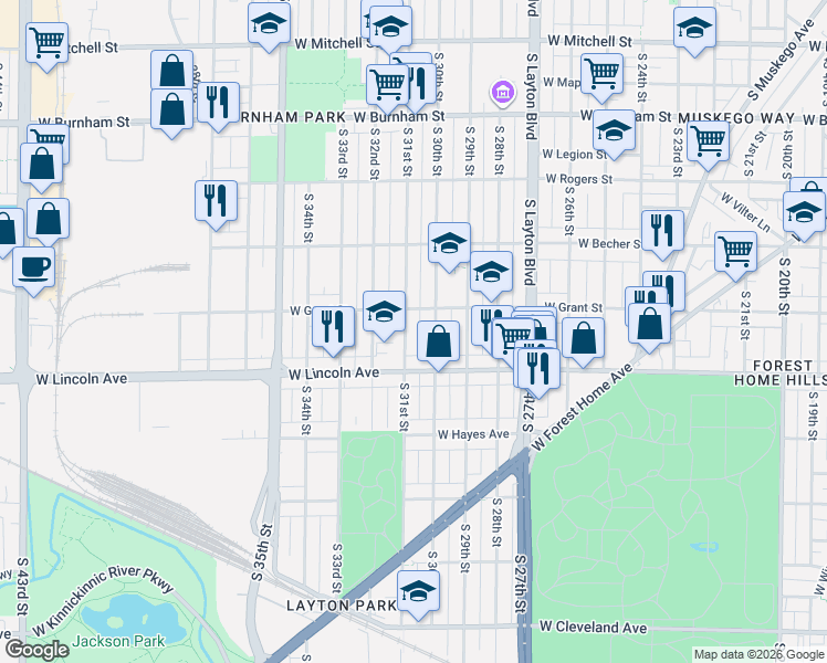 map of restaurants, bars, coffee shops, grocery stores, and more near 2226 South 31st Street in Milwaukee