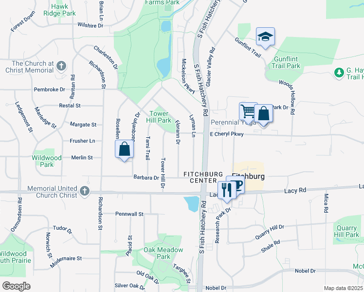 map of restaurants, bars, coffee shops, grocery stores, and more near 5589 Cheryl Drive in Fitchburg