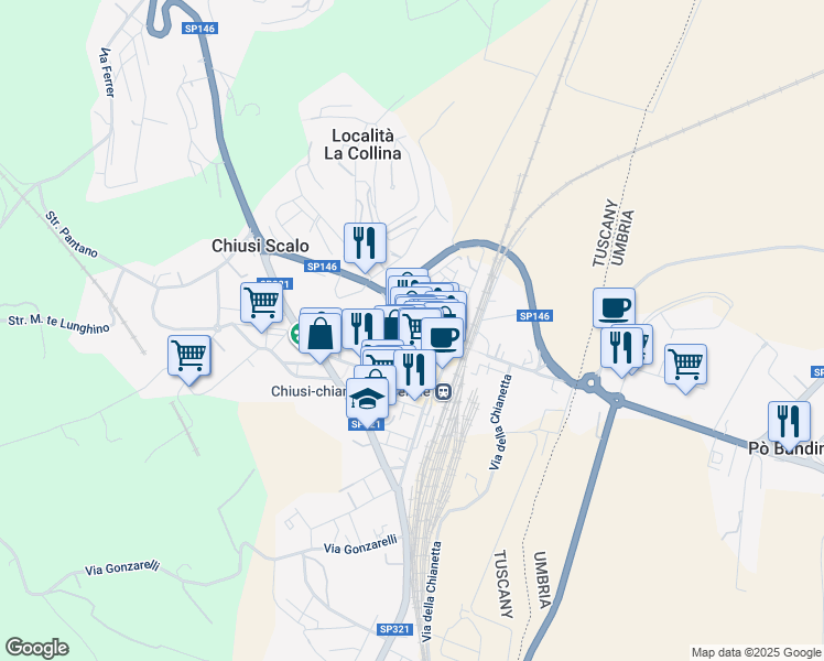 map of restaurants, bars, coffee shops, grocery stores, and more near 9 Via Galileo Galilei in Chiusi Scalo