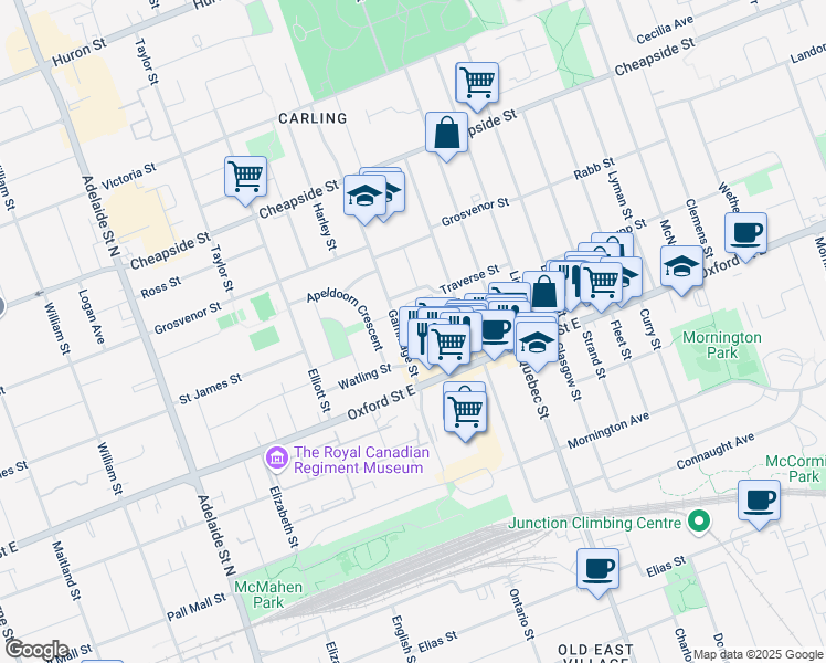 map of restaurants, bars, coffee shops, grocery stores, and more near 26 Gammage Street in London